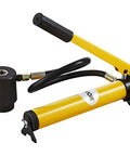 15 Ton Hydraulic Knockout Punch Kit With 10 Punches And Dies, Step Drill Bit, hydraulic lever and pump, black and yellow color