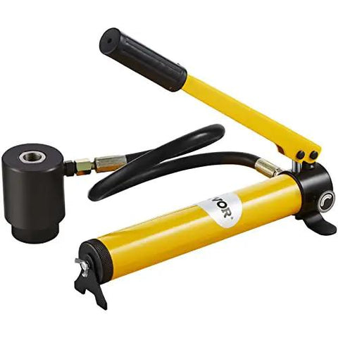 15 Ton Hydraulic Knockout Punch Kit With 10 Punches And Dies, Step Drill Bit, hydraulic lever and pump, black and yellow color