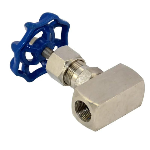 Needle valve, stainless steel 316, blue handwheel, female 3/8 in thread
