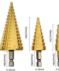 3-Piece Titanium Coated HSS Step Drill Bits Set For Precise Wood And Metal Drilling, High Efficiency And Versatility