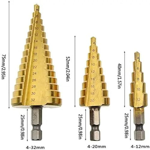 3-Piece Titanium Coated HSS Step Drill Bits Set For Precise Wood And Metal Drilling, High Efficiency And Versatility