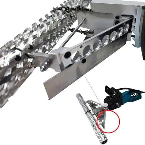 Close-up of Badass Performer Foam Planer Saw And Insulation Trimmer, showcasing swivel chain saw head and metal components.
