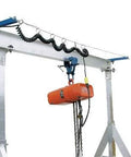 Vestil Festoon Kit for Gantry Crane installed on a steel gantry with orange hoist and coiled cables