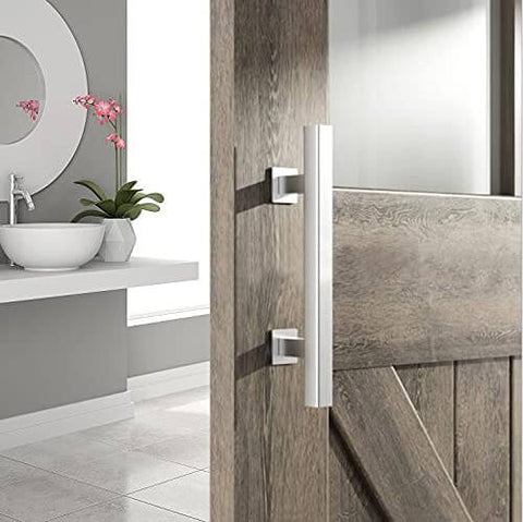 Heavy Duty 12 Inch Sliding Barn Door Handle Set In Brushed Nickel Flush Pull Handles For Interior Doors Durable Stainless Steel Construction Rust Resistant 2 Piece Kit Easy Install For Doors 1.375 To 1.75 Inch Thick installed on wooden door