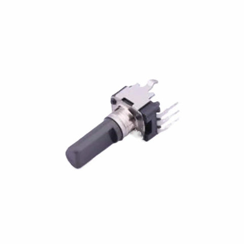 Five Piece RK09D1130 Rotary Encoder Set A1L C2P C3C Switch Type, single unit close-up, black knob, metal and plastic components