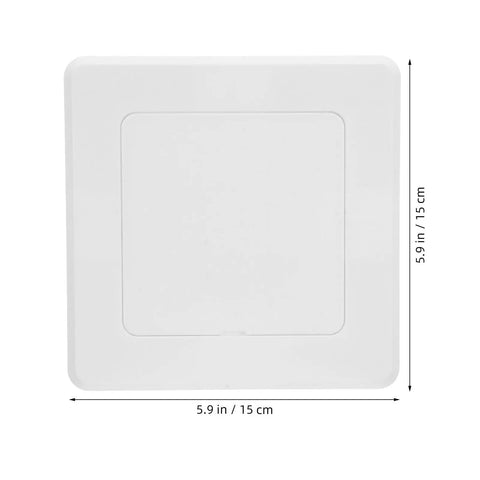 2 Pack Self Adhesive Access Panel For Drywall And Ceilings 4 X 4 Inch Inside Size Peel And Stick Pipe Hole Cover With Zero Drill Hassle Easy Fix And Reuse For Slick Finishes, white ABS panel measuring 5.9 x 5.9 inches.
