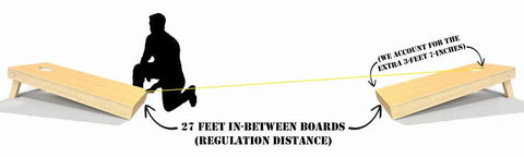 Hidden Self Retracting Cornhole Measuring Device For Regulation 27-Foot Distance Between Boards, rope guide between two boards