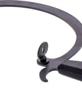 Beast Of A Jeweler's Saw Frame With 4.25 Inch Depth And Black Hard Rubber Handle, Sturdy 11 Gauge Steel, 7 Oz Weight, Quick Blade Changes Via Thumb Screws, Made In USA, Rugged Craft Tool For Jewelry Making And Metalwork. Close-up of saw frame on white background.