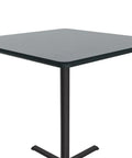 36 Inch Square 42 Inch High Pub Height Cocktail Table For Standing Or Stools With Gray Granite Laminate Top And Backer Sheet Cast Iron Base Made In USA Leveling Glides Commercial Grade, corner view