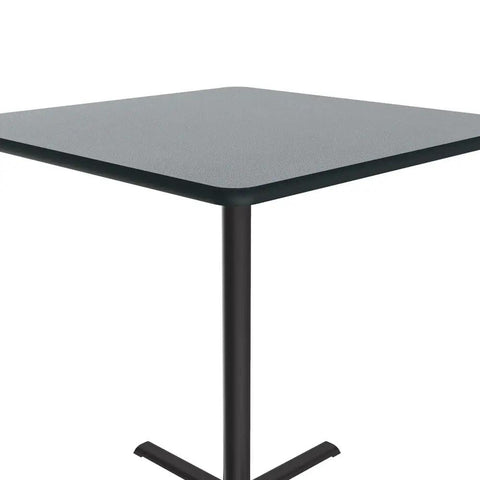 36 Inch Square 42 Inch High Pub Height Cocktail Table For Standing Or Stools With Gray Granite Laminate Top And Backer Sheet Cast Iron Base Made In USA Leveling Glides Commercial Grade, corner view