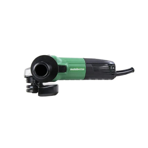 Side view of a four and one half inch angle grinder with 5.1 amp motor, lightweight four pound design, small grip diameter