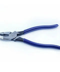 9 Inch High Leverage Linesman Pliers For Copper Aluminum And Soft Metals with blue handles, durable made in USA hand tool.
