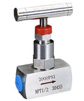 Stainless steel needle valve, front view, 1/2 NPT, 2000 PSI, blue adjustment knob, T-handle