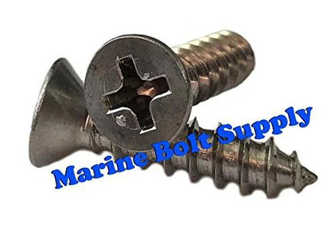 Front and side view of two Type 316 stainless steel Phillips-drive flat-head sheet-metal screws; silver finish