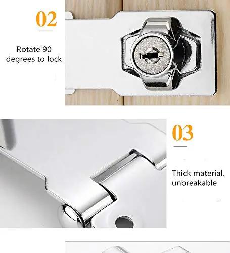 Stainless steel keyed twist knob locking hasp, silver chrome finish, for small doors and cabinets, easy 90-degree rotation to secure.