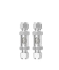 Two 304 stainless steel compression union filter valves with hex fittings for gas tubing.