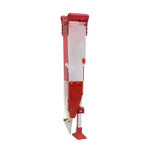 Side view of Hand Held Fertilizer Applicator And Seed Planter For Corn Peanuts And Beans Adjustable Manual Garden Tool, red casing