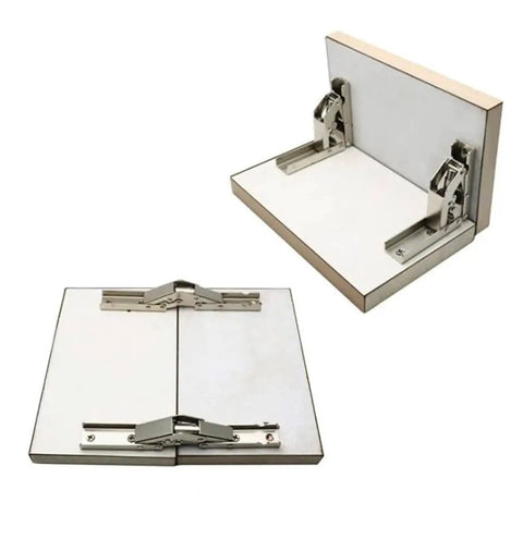 90 Degree Folding Door And Shelf Hinge With Hidden Bracket Table Holder Heavy Duty Steel Built shown in open and flat positions.