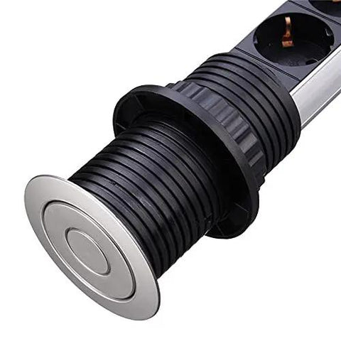 Slick Retractable Table Socket With Dual USB Ports And Six Standard Outlets Smooth Glide Design For Office Desks And Kitchen Countertops, close-up view showing retractable design.