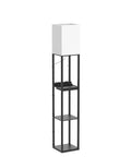 Modern Dimmable Solid Wood Floor Lamp With Shelf And Drawer Two USB Ports And Two Power Outlets Super Handy Corner Tall Bookshelf Lamp in black finish