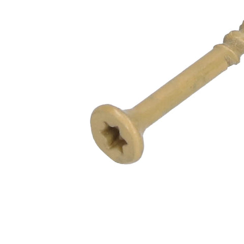 Close-up of a Torx screw showing the round head of the 100 Pcs Star Drive Woodworking Screws Kit Carbon Steel Countersunk Tapping Screws