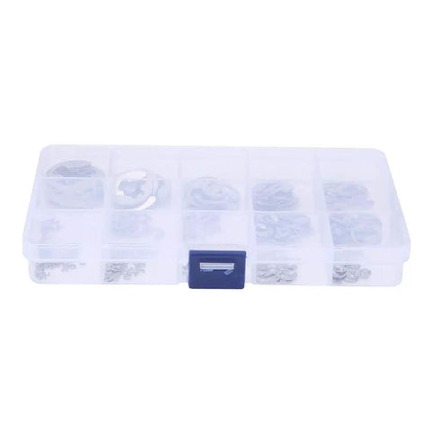 Top Picks 304 Stainless Steel Retaining Rings Set With Durable E-Type Fasteners For Home And Projects, Sizes From One Point Two To Fifteen Millimeters Heavy Duty Hardware Kit in a clear storage box.
