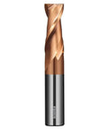 Front view of copper-coated carbide end mill bit, 2-flute upcut, square-nose, sisona brand on dark shank