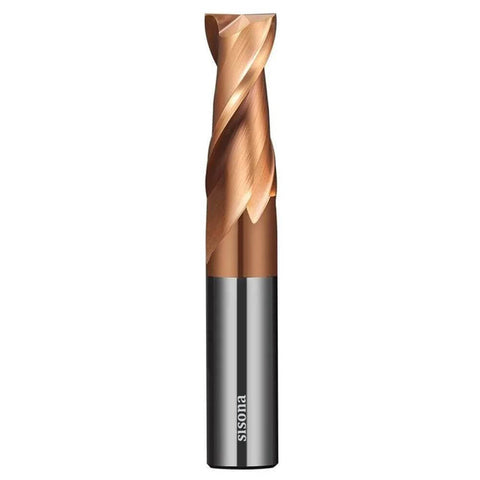 Front view of copper-coated carbide end mill bit, 2-flute upcut, square-nose, sisona brand on dark shank