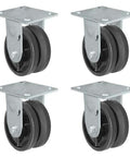 Front view of a set of 4 rigid casters, 5x2 in V-groove with steel mounting plates.