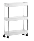 No Sweat Rolling Utility Cart With Smooth Slide Out Storage Rack And Reinforced Hook Compact Mobile Shelving Organizer Fits Narrow Slots Easy Tool Free Assembly For Bathroom Or Kitchen, white, three tiers, rolling cart.