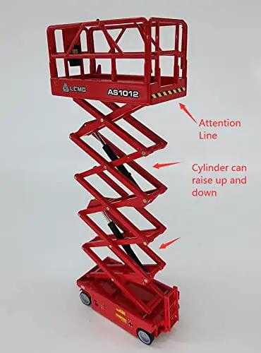 1 30 Scale Self Propelled Scissor Lift Model With Extendable Cylinders Push To Glide Skid Proof Deck Built In Access Ladder Hella Rugged Red Work Platform Replica For Garage Shelves, detailed view of compact design.