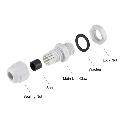 Exploded view of PG7 Cable Gland 2mm To 5mm Waterproof Nylon Joint With Locknut And Washer 10 Pack White, showing components