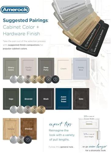 Color and hardware pairing guide for Versa Champagne Bronze Cabinet Pull Five And One Sixteenth Inch Center To Center.