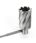 Oscarbide annular cutter, front view; 1-1/2 in dia, 2 in depth, 3/4 in Weldon shank with pilot pin