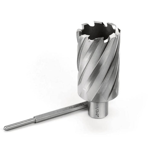 Oscarbide annular cutter, front view; 1-1/2 in dia, 2 in depth, 3/4 in Weldon shank with pilot pin