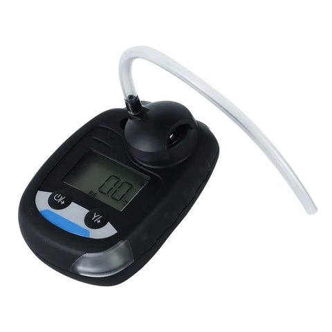 Front view of Amazon ATO ammonia gas monitor, handheld black detector with LCD and clear sampling tube.
