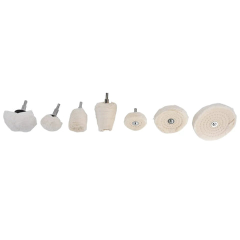 Chic 7-Piece Polishing Wheel Kit With Cotton Flannel Buffing Drill Attachments For Car Waxing And Metal Shining Easy To Use Multi-Shaped Set, featuring various cotton wheels.