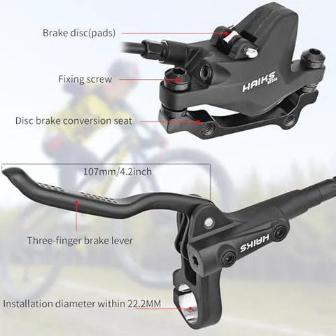 HAIKS MT200 hydraulic disc brake set side view; black aluminum alloy, 2-piston caliper with three-finger lever for mountain bike