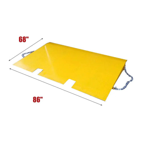 Heavy Duty Steel Shipping Container Ramp For Trucks And Forklifts 16000 Pound Diamond Plate Bridge Built Like Iron, 68" x 86" yellow loading dock panel.