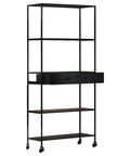 Tall Industrial Book Cabinet With Solid Mango Wood Shelves And Iron Frame, 4 Tier Rustic Display Bookcase In Black With Drawer
