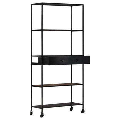 Industrial Style Mango Wood Book Cabinet With Four Shelves And One Drawer, iron frame with mango wood shelves on wheels.