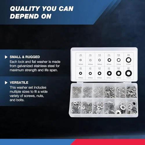 NEIKO 50400A stainless steel lock and flat washer assortment in a white case, 350 pieces, 12 sizes