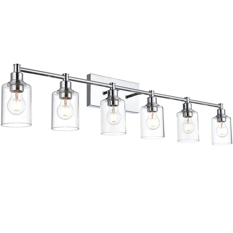 5 Light Industrial Vanity Light Fixture With Clear Glass Shades In Brushed Nickel Sleek Wall Mount Bathroom Lighting