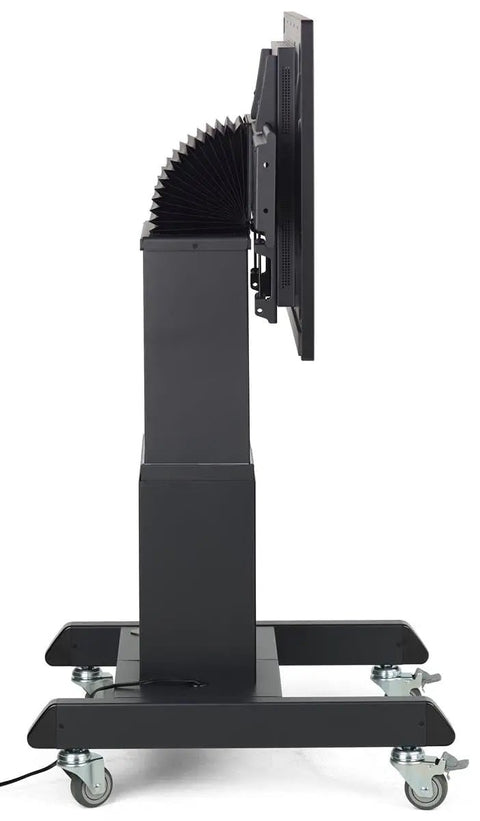 Built Tough 43 Inch Touchscreen Digital Signage Stand With Smooth Motorized Lift And Tilt Crisp Full HD 1080P mobile kiosk side view.