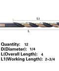 Twist drill bits, side view: Amazon 12-pack, 1/4-in black and gold coated, in plastic bag