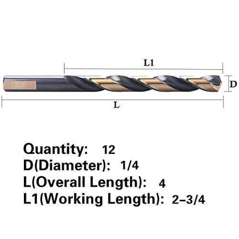 Twist drill bits, side view: Amazon 12-pack, 1/4-in black and gold coated, in plastic bag