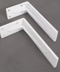 Heavy Duty L Bracket Shelf Support Wall Mount Storage White Metal Corner Brace Kit With Screws And Wall Plugs 2 Pack showing two sturdy white iron brackets.