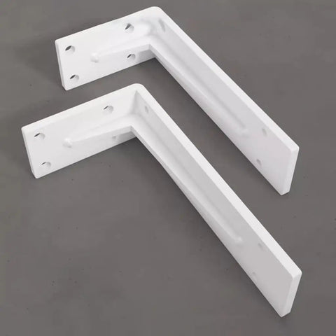 Heavy Duty L Bracket Shelf Support Wall Mount Storage White Metal Corner Brace Kit With Screws And Wall Plugs 2 Pack showing two sturdy white iron brackets.