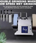 Professional Electric Knife Sharpener And Bench Grinder With Adjustable 90 To 300 Rpm And Water Cooling Tank For Wet Grinding, featuring double grinding wheels.