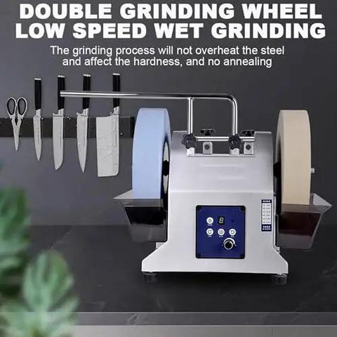 Professional Electric Knife Sharpener And Bench Grinder With Adjustable 90 To 300 Rpm And Water Cooling Tank For Wet Grinding, featuring double grinding wheels.